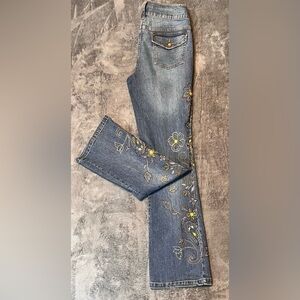 Mixit Embroidered Flare Jeans in Blue with Yellow Accents Size 6